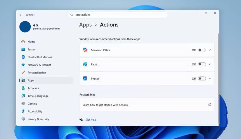 Các hành động ứng dụng trong cài đặt Windows