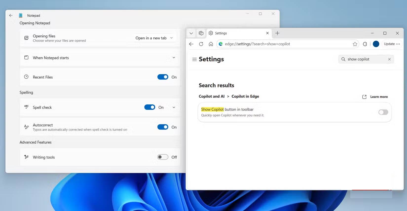 Notepad và Edge hiển thị menu cài đặt trên desktop Windows 11