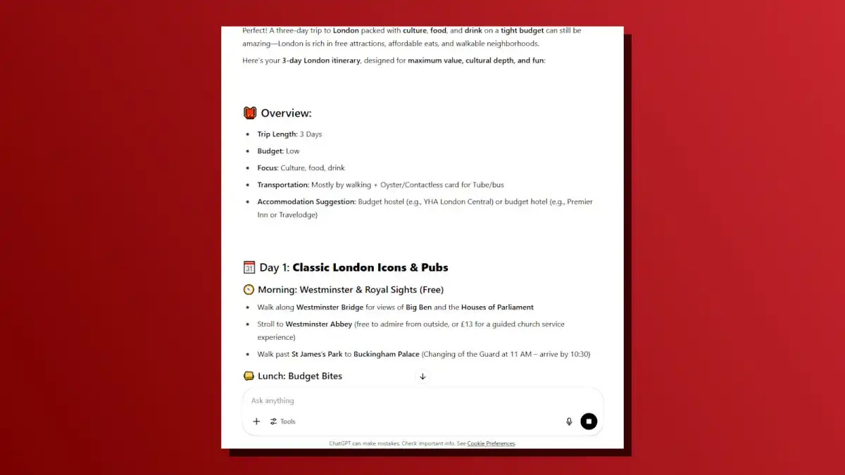 Hành trình chuyến đi được tạo bằng ChatGPT