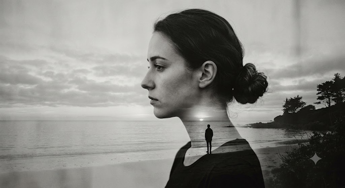 Chân dung Double Exposure của người phụ nữ bên bờ biển 