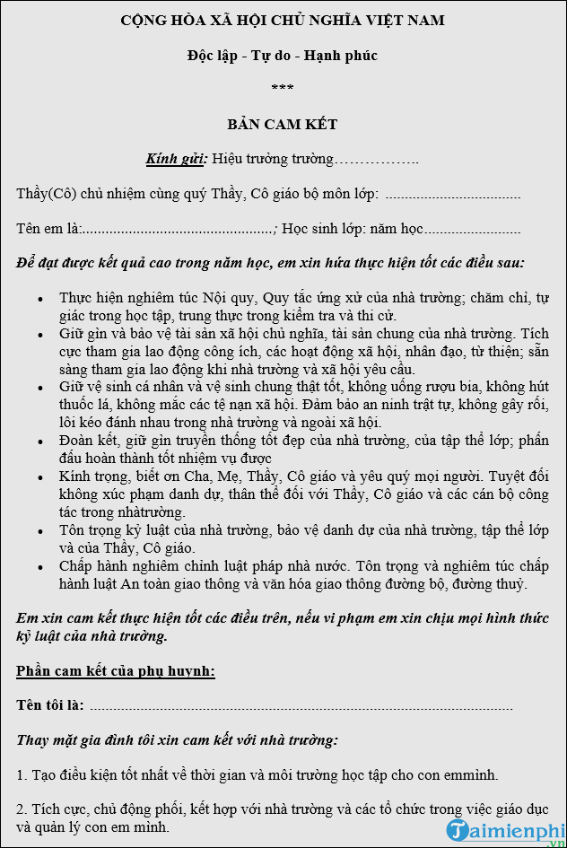 Ban cam ket khong vi pham noi quy truong lop