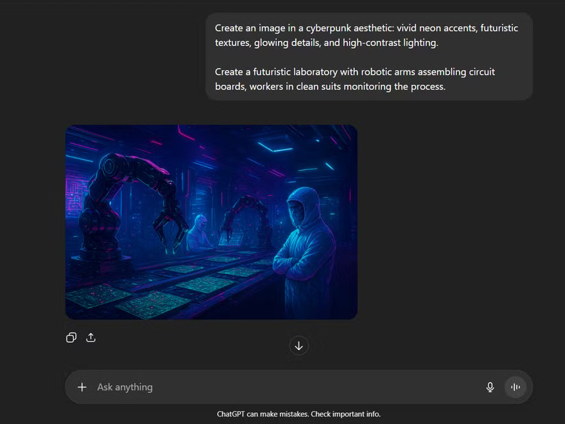 Phản hồi của ChatGPT cho một prompt liên quan đến phòng thí nghiệm tương lai với cánh tay robot đang lắp ráp PCB theo chủ đề Cyberpunk.