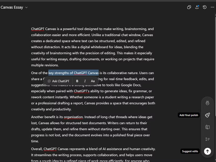 Tính năng Canvas với nút đề xuất chỉnh sửa ở góc dưới bên phải.