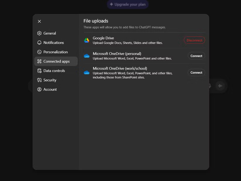 Tính năng ứng dụng được kết nối của ChatGPT hiển thị Google Drive đã được kết nối.