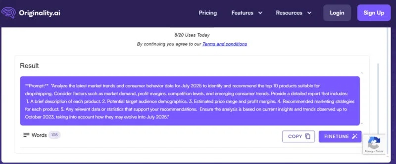 Originality AI tạo ra một prompt cho các ý tưởng dropshipping