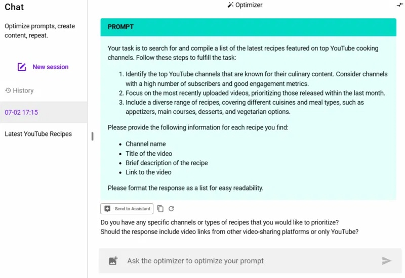 PromptPerfect tạo prompt cho video công thức nấu ăn