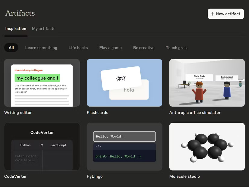Tab Inspiration trong ứng dụng web Claude Artifacts.
