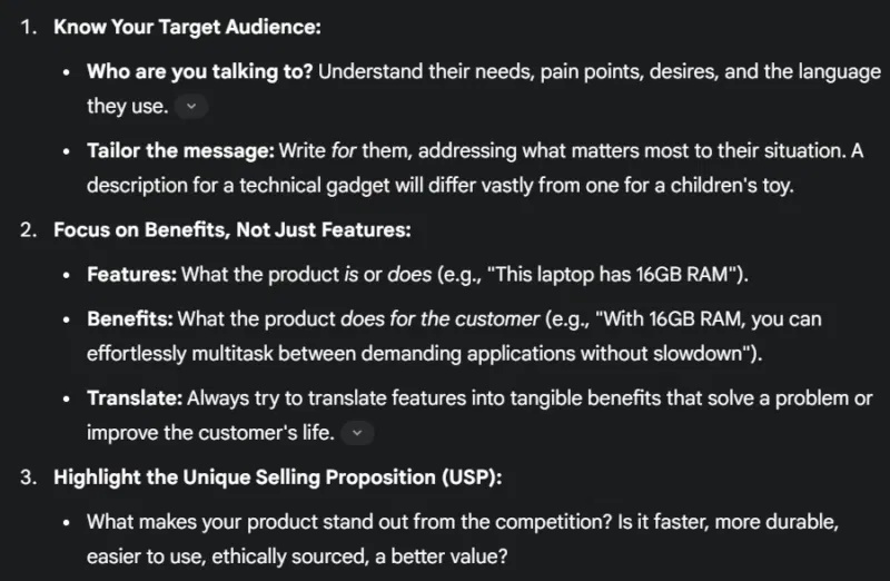 Các nguyên tắc mô tả sản phẩm trong danh sách Gemini
