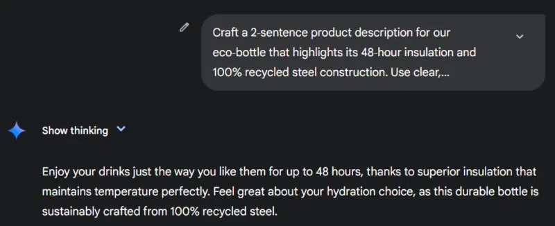 Gemini đưa ra mô tả ngắn gọn về một chai nước.