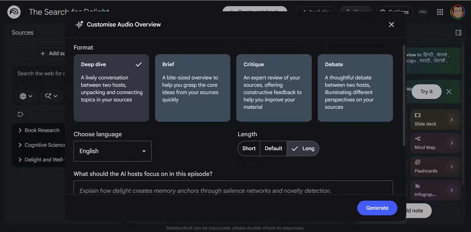 Bảng điều khiển NotebookLM Studio với bảng Customise Audio Overview đang mở, hiển thị các tùy chọn định dạng và prompt.