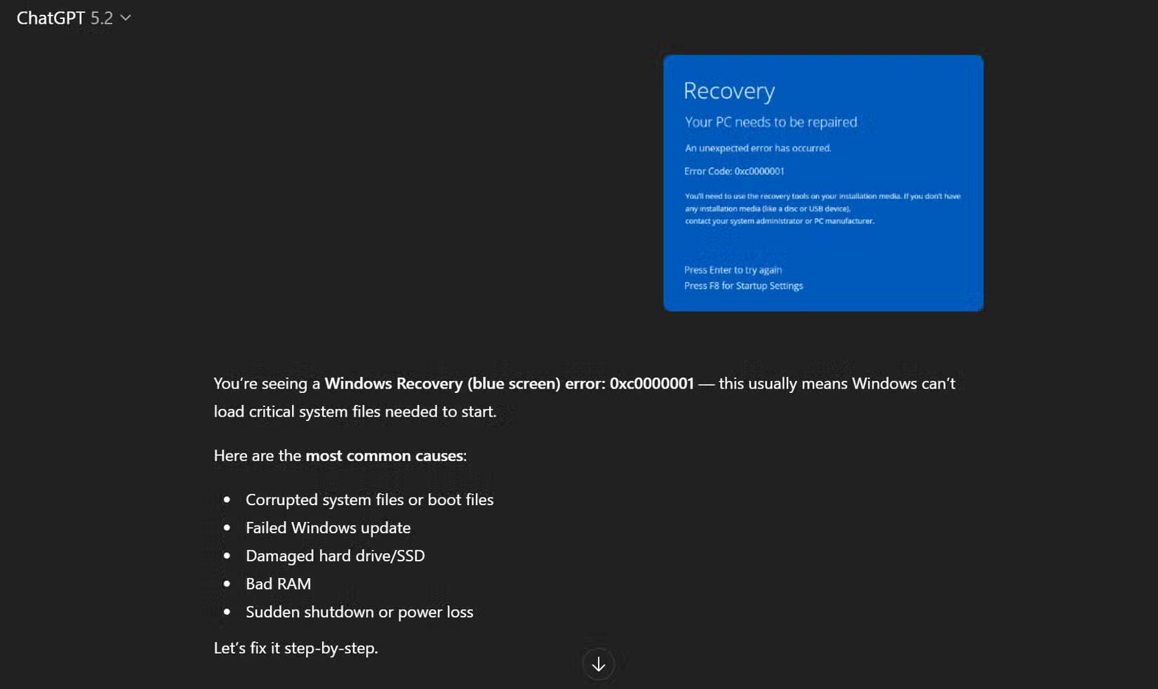 Giải pháp lỗi Windows với sự trợ giúp của ảnh chụp màn hình ChatGPT.