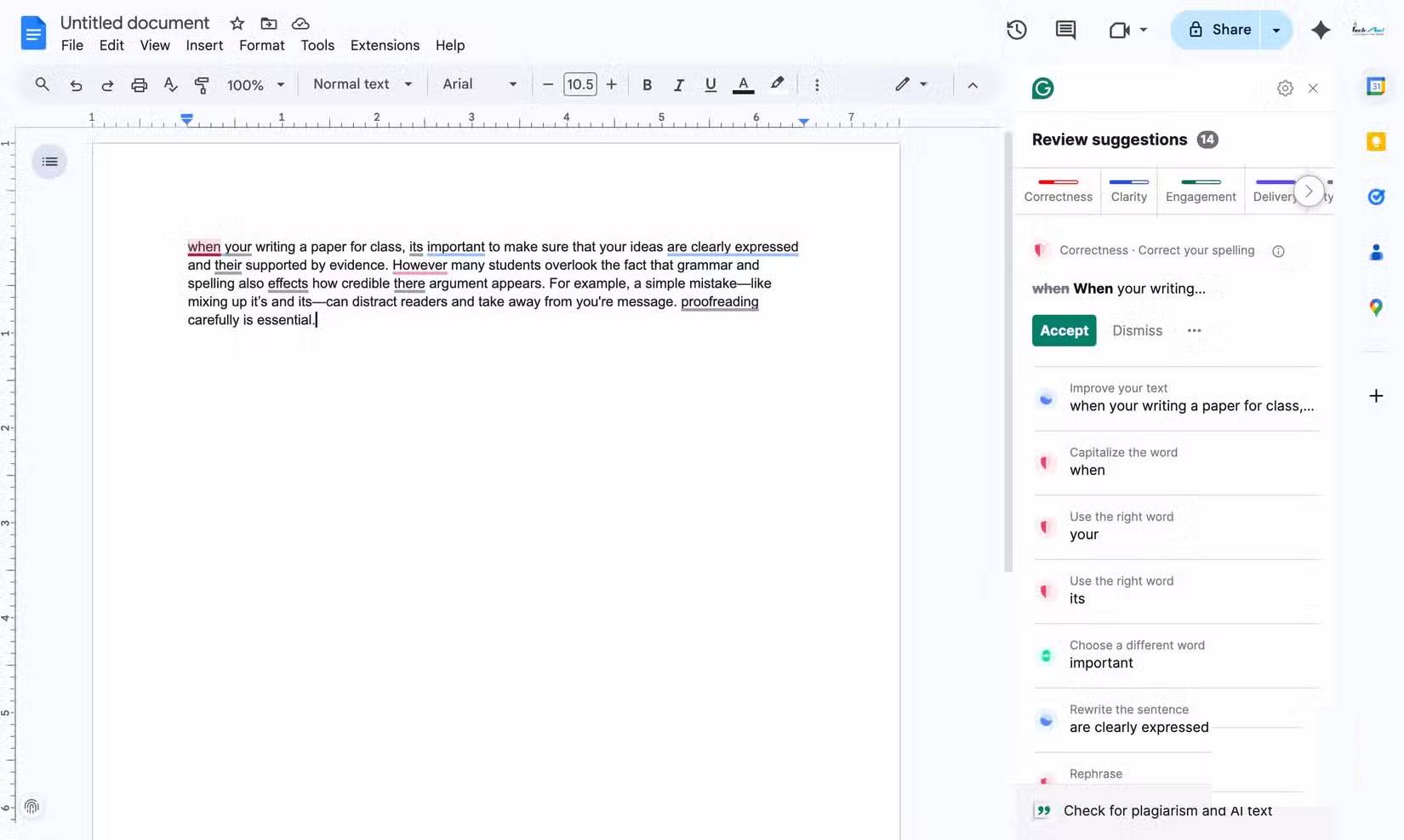 Sử dụng Grammarly để trau chuốt bài viết trong Google Docs.
