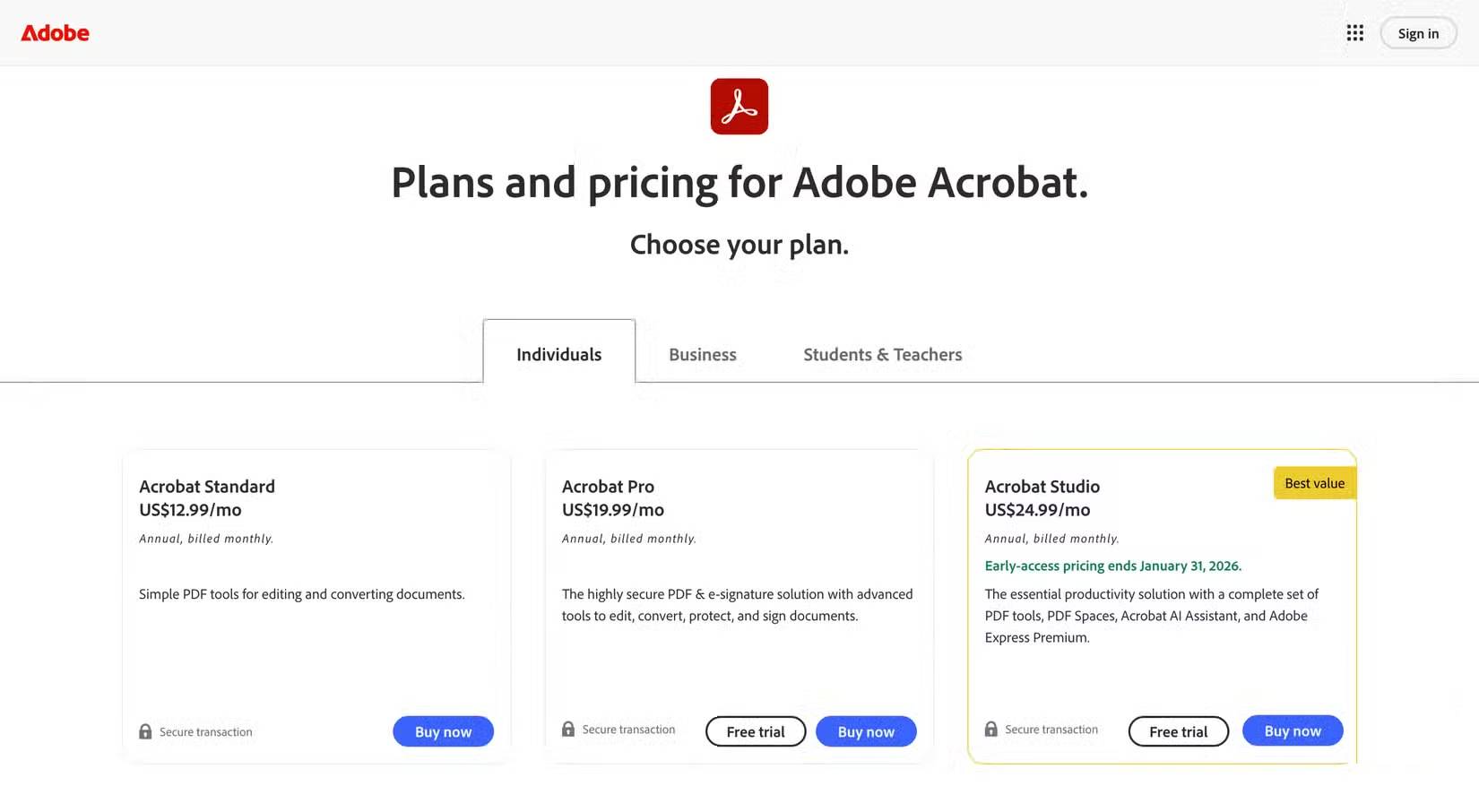 Giá cả và các tùy chọn của Adobe Acrobat Pro