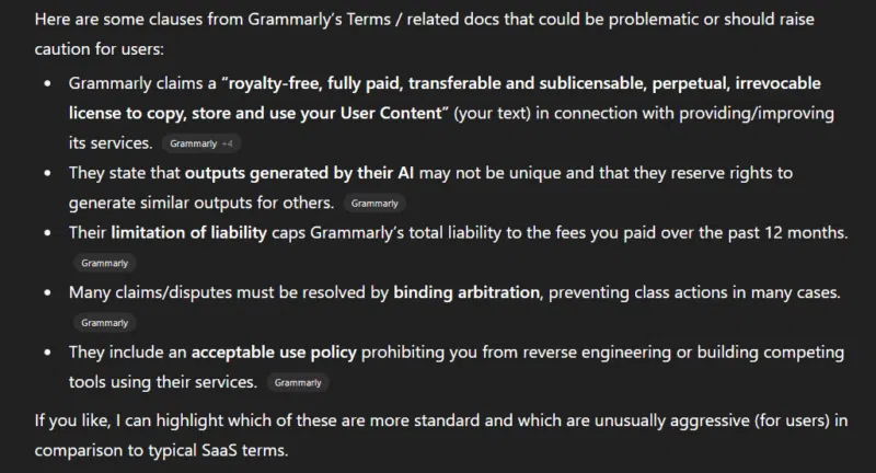 ChatGPT phân tích các thuật ngữ Grammarly