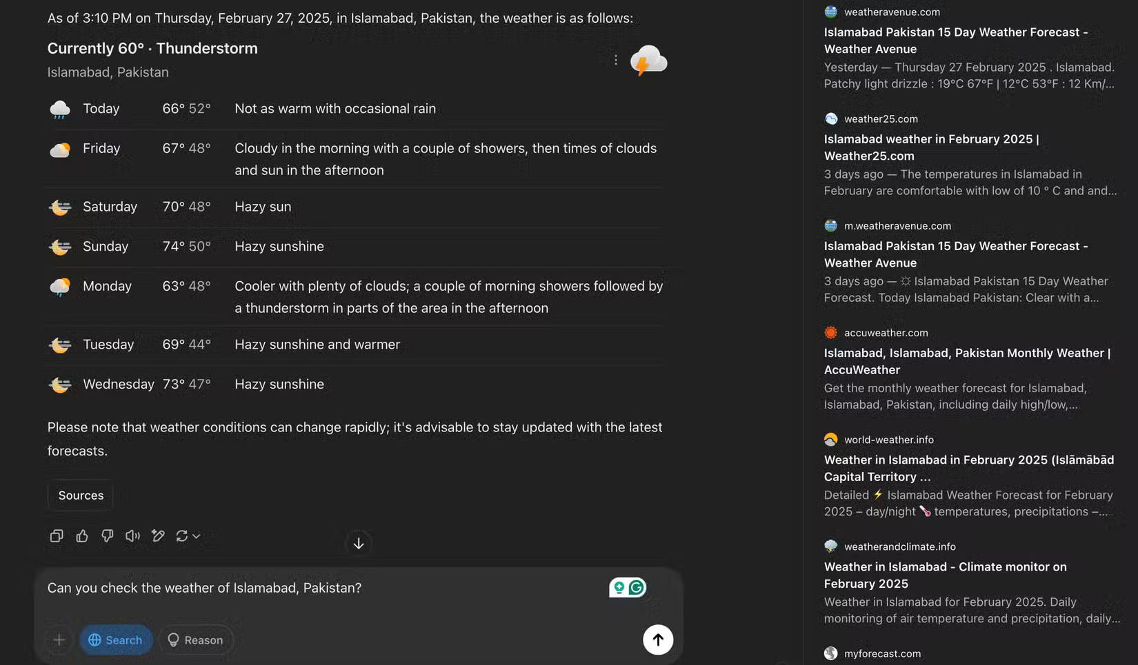 Kiểm tra thời tiết bằng tính năng Search trong ChatGPT.