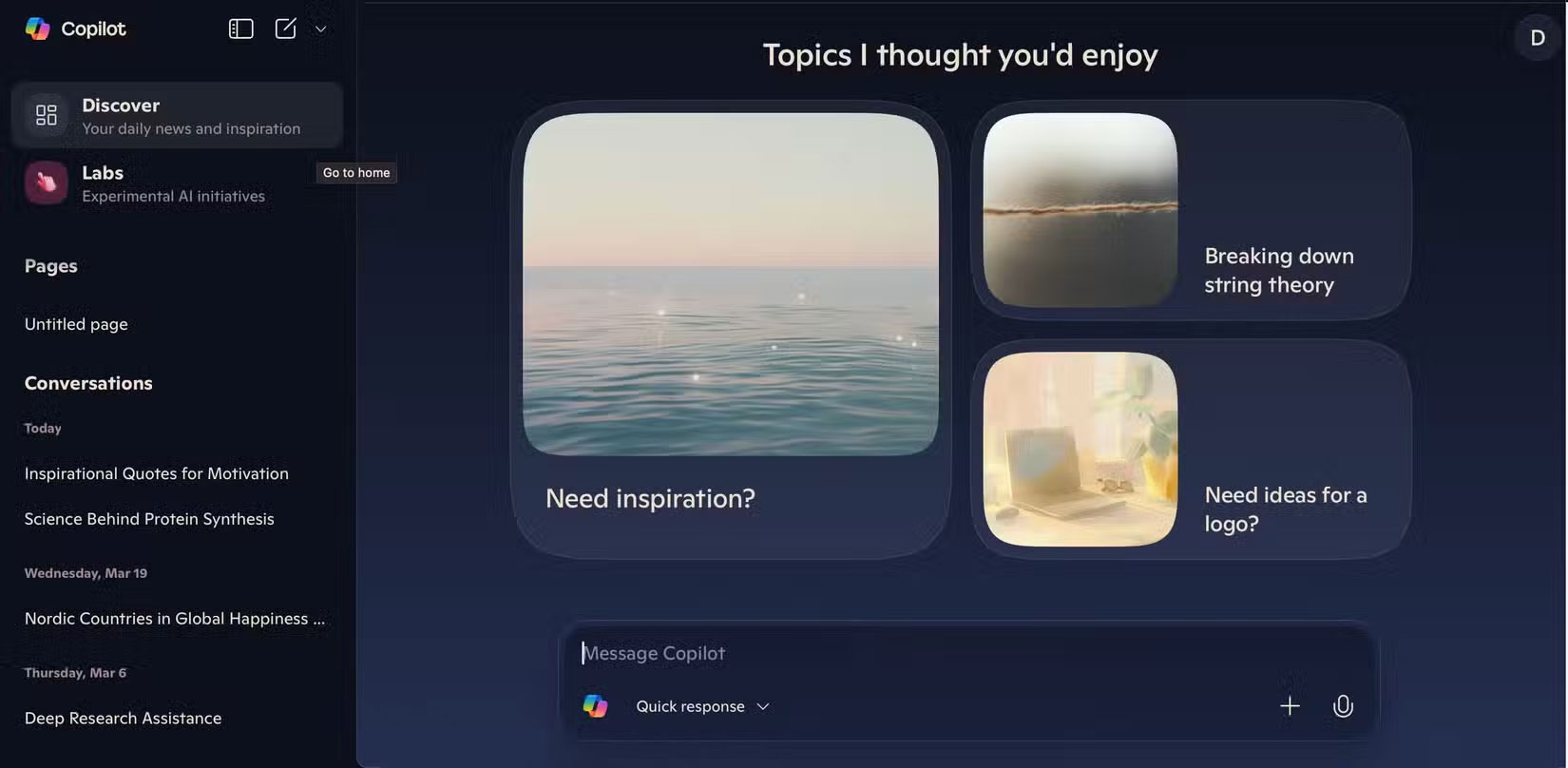 Copilot gợi ý các chủ đề bạn sẽ thích trong ứng dụng