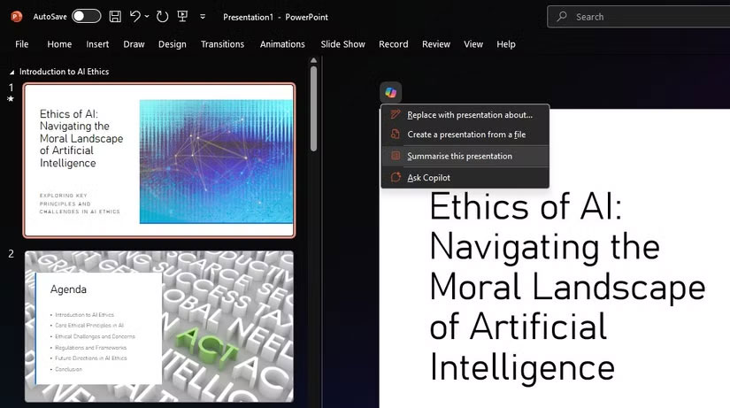 Tóm tắt bài thuyết trình với Copilot trong PowerPoint