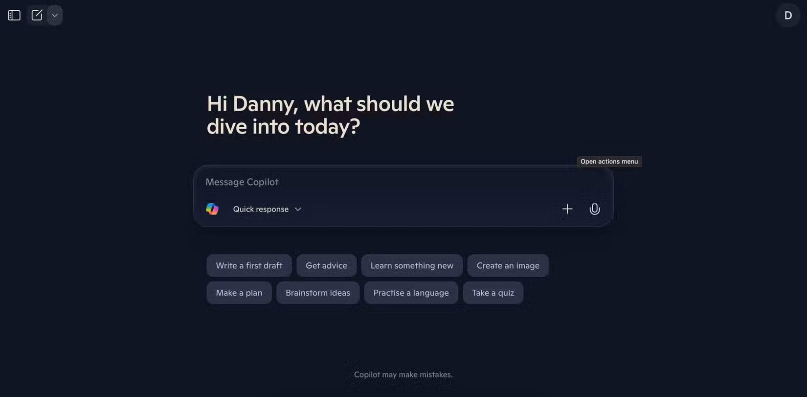Danh sách các prompt ban đầu trong ứng dụng web Copilot