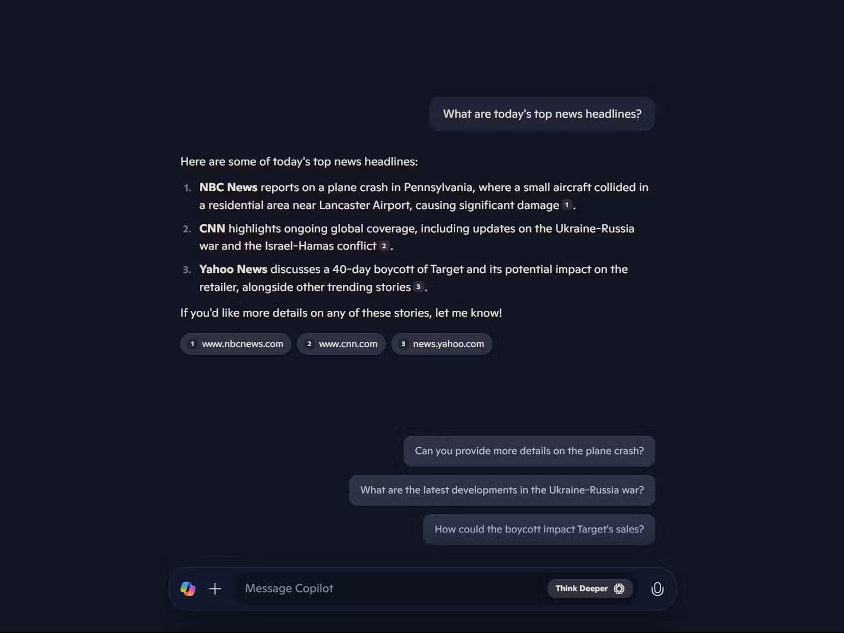 Phản hồi của Microsoft Copilot về các tiêu đề hàng đầu trong ngày với nguồn