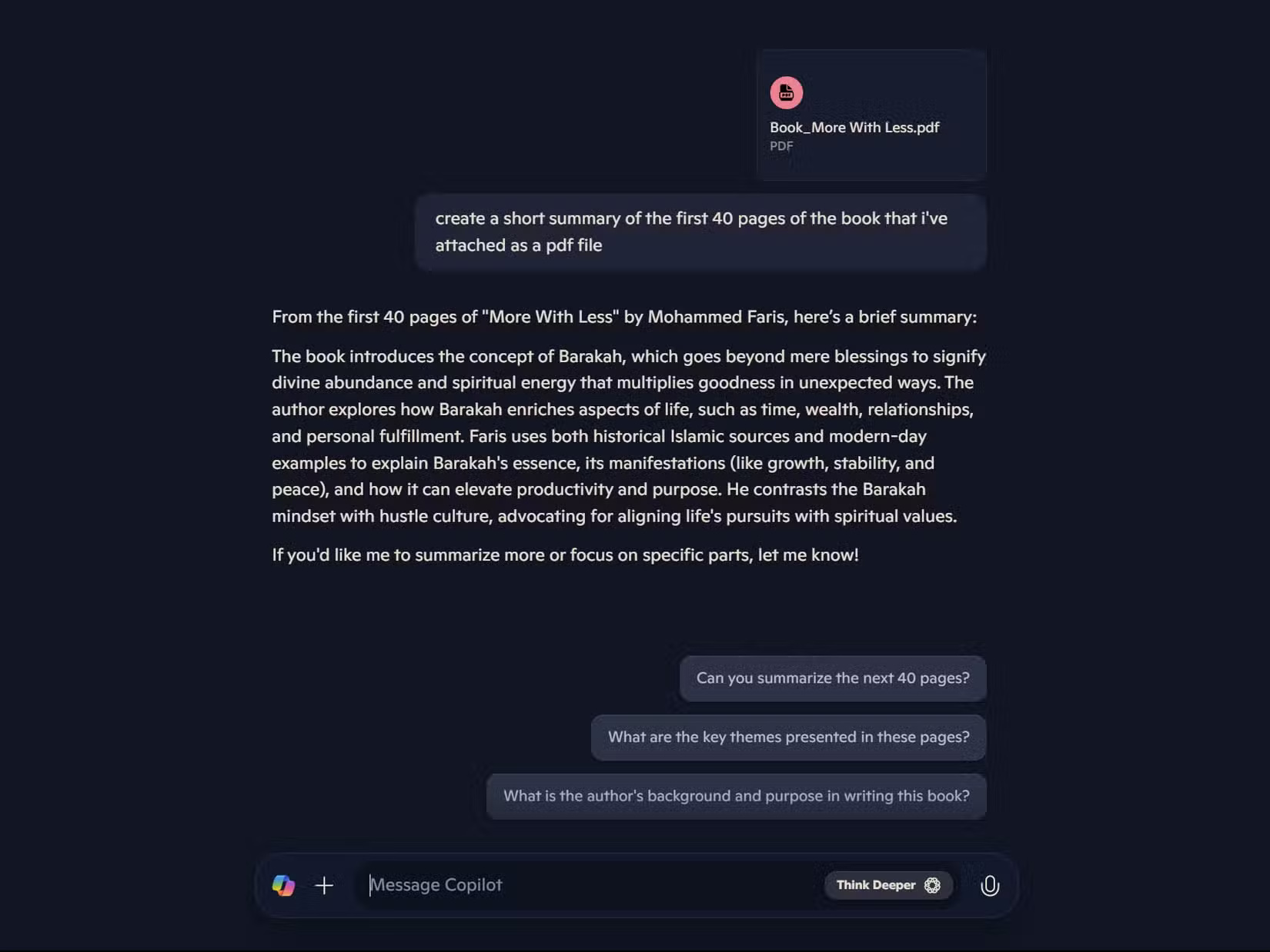 Phản hồi của Microsoft Copilot về bản tóm tắt của cuốn sách dài 40 trang