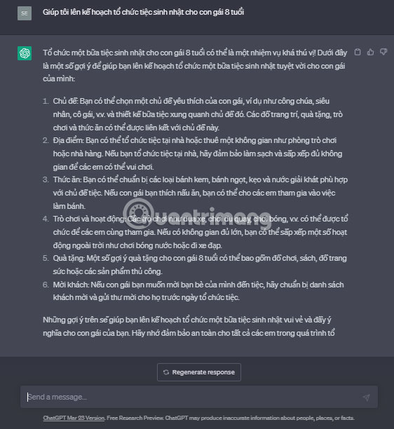 ChatGPT lên kế hoạch tiệc sinh nhật