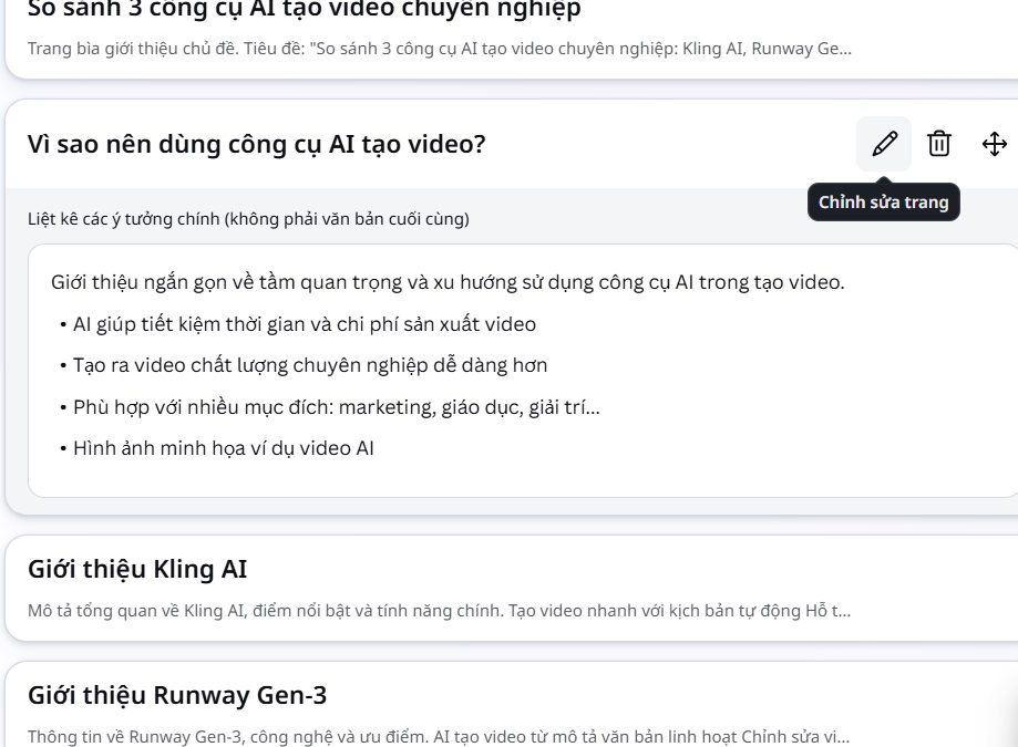 Dàn ý trong slide tạo bằng Canva AI