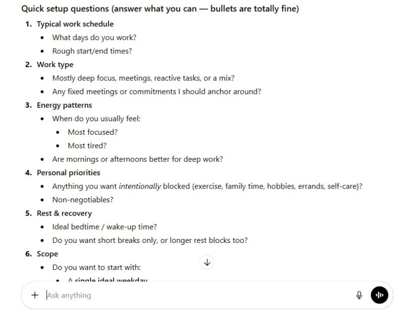 Ví dụ về câu hỏi profile từ ChatGPT