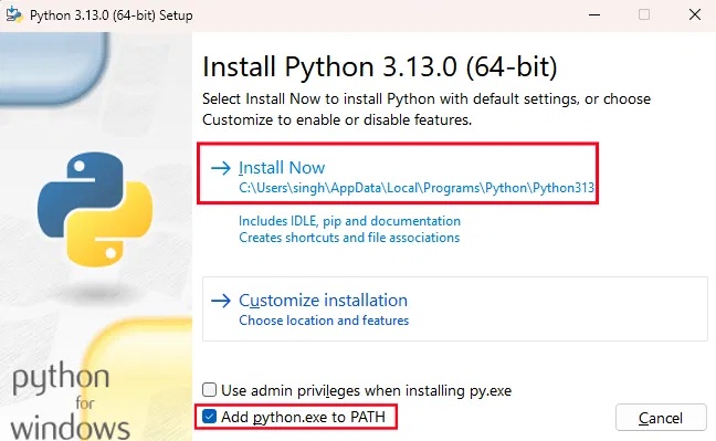 Trình cài đặt Python 3.13.0 trên Windows.