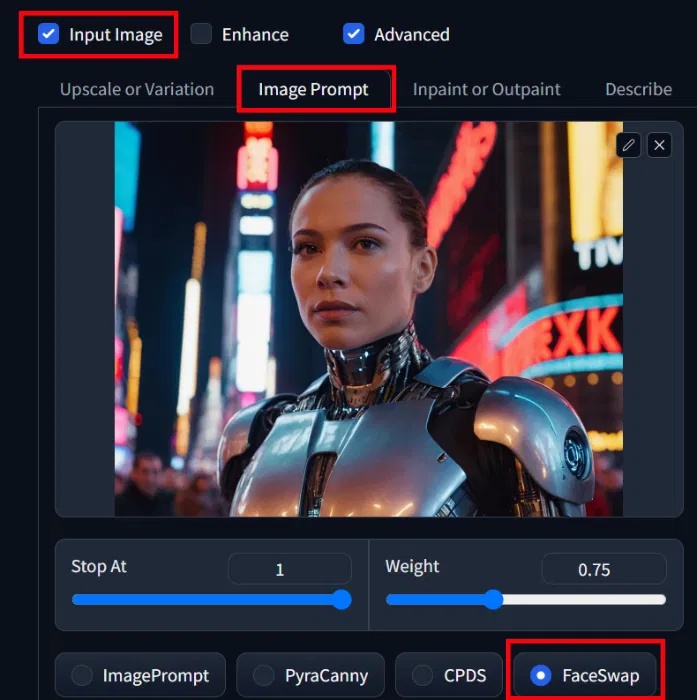 Công cụ tạo ảnh AI Foocus hiển thị hình ảnh một người máy tương lai đang được hoán đổi khuôn mặt trong cài đặt phần mềm.