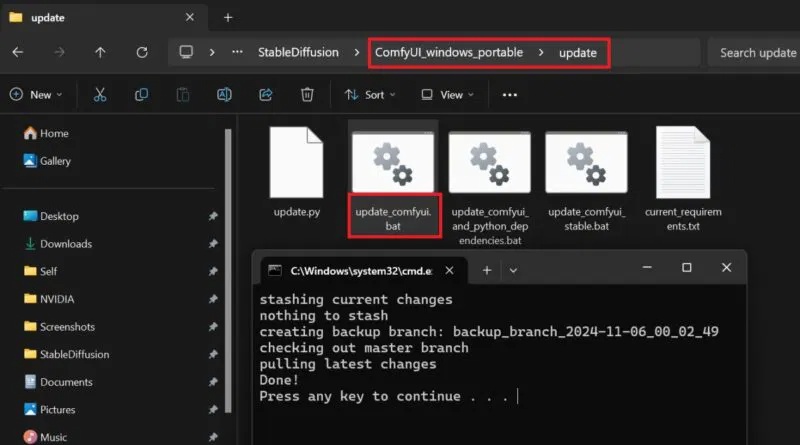 Thư mục ComfyUI hiển thị file batch cập nhật và cửa sổ command prompt tiếp theo được mở ra.
