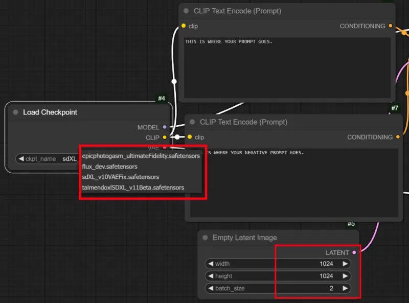 Bộ chọn mô hình, hộp thoại prompt và cài đặt hình ảnh tiềm ẩn trống