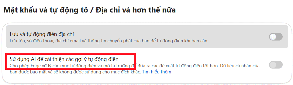 Tắt hoặc bật AI cho Autofill trên Edge 