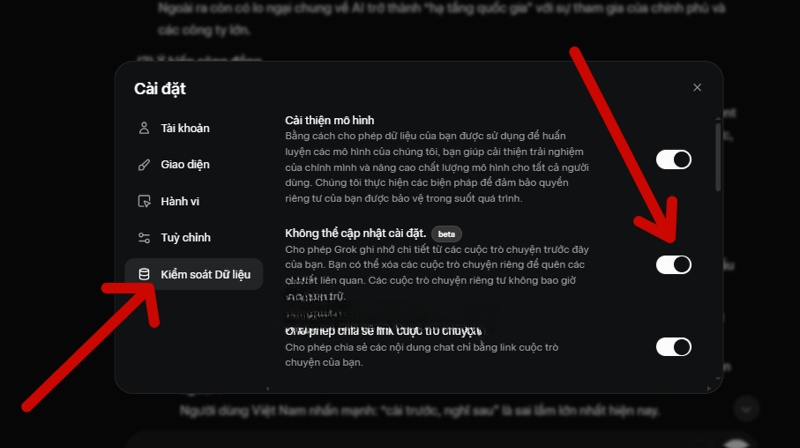 bật tính năng ghi nhớ trên Grok