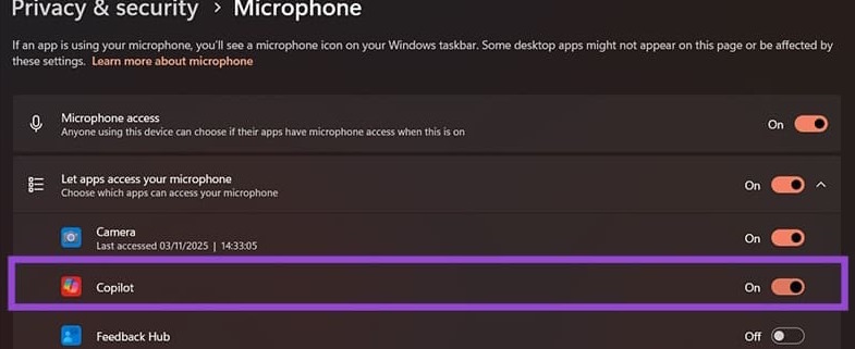 Bật Microphone cho Copilot Windows 11 