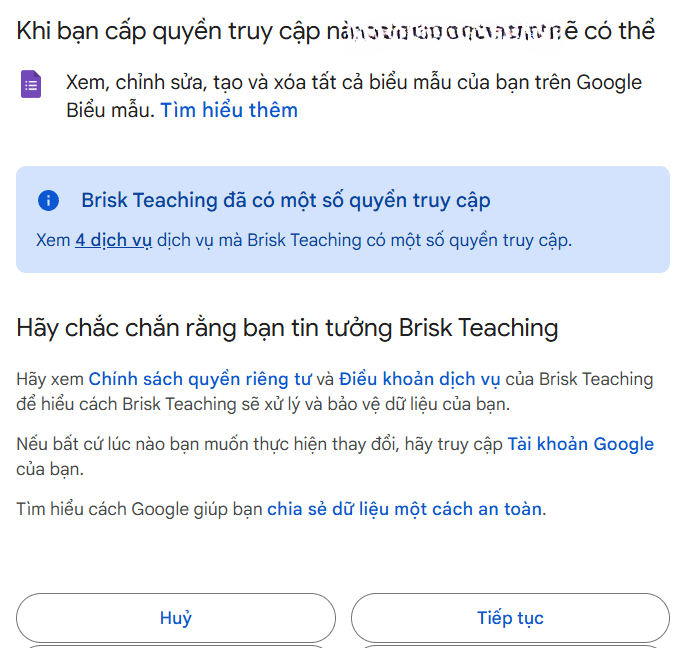 Yêu cầu truy cập từ Brisk