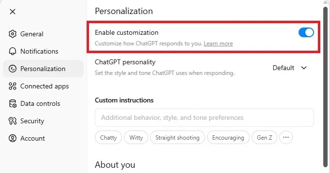 Bật Enable customization trong ChatGPT 5
