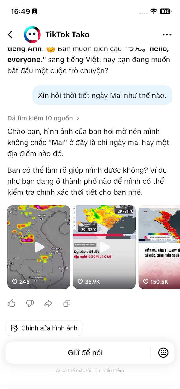 Nội dung phản hồi từ Tako
