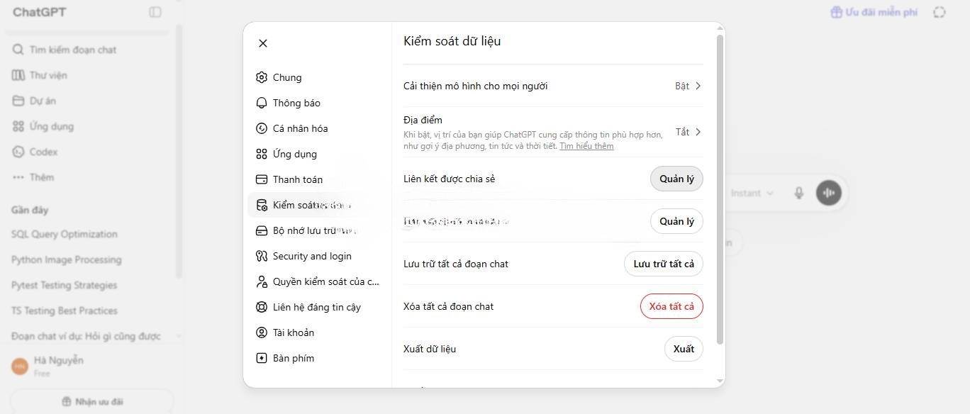 Nút Quản lý trên trang web ChatGPT