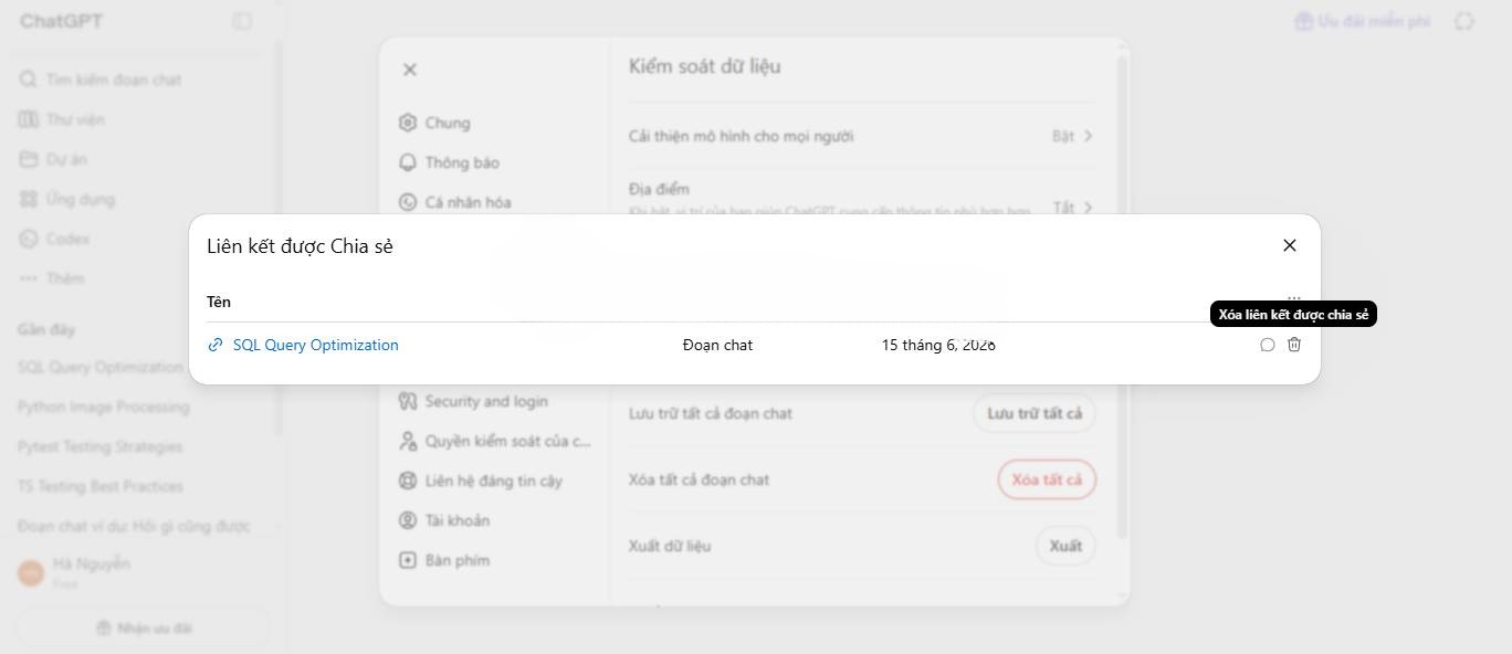Biểu tượng thùng rác trên trang web ChatGPT