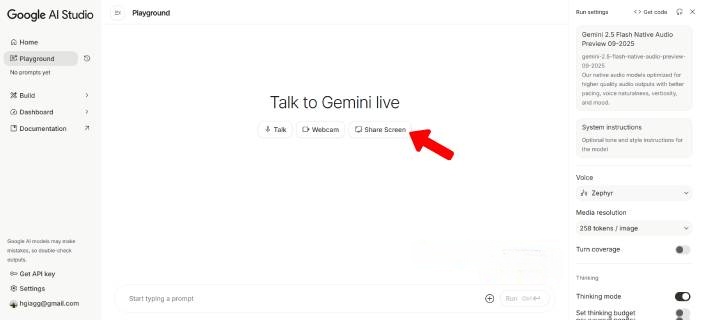  Cách chia sẻ màn hình với Screen Share trong Google AI Studio 