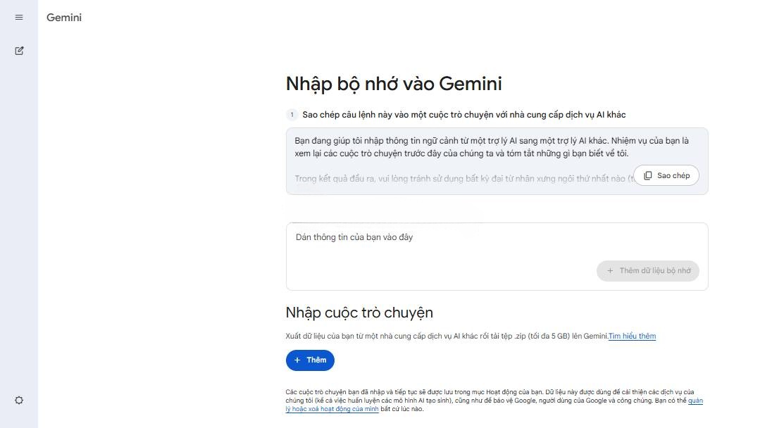 Tùy chọn nhập bộ nhớ trong Google Gemini