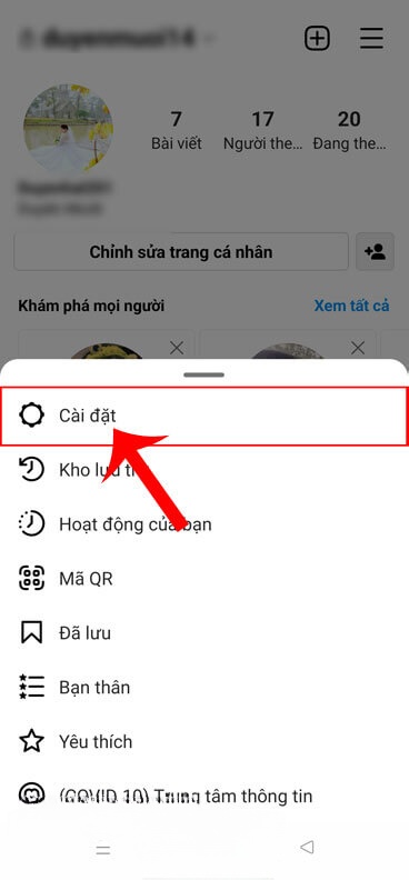 Chạm vào mục Cài đặt