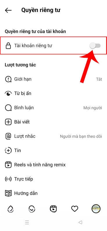 Bật công tắc tại mục Tài khoản riêng tư