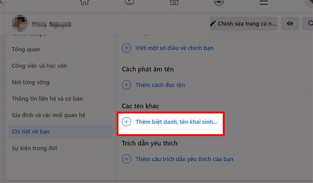 Thêm biệt danh, tên khai sinh...