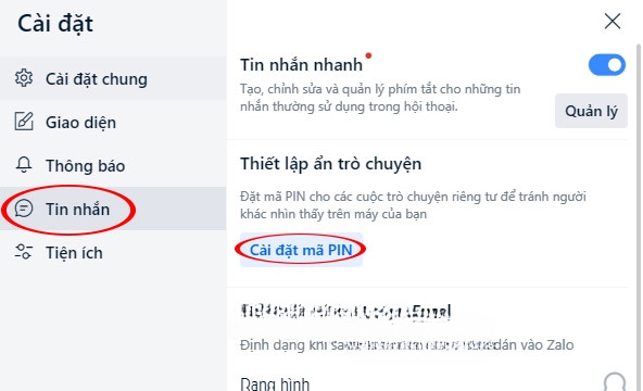 Cài đặt mã pin cho tin nhắn
