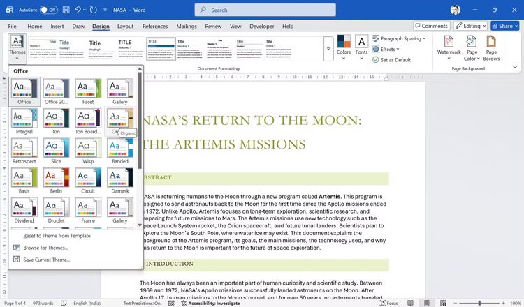 Theme trong tab Design của Microsoft Word
