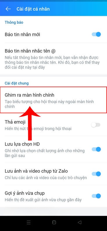 Ấn vào mục Ghim ra màn hình chính