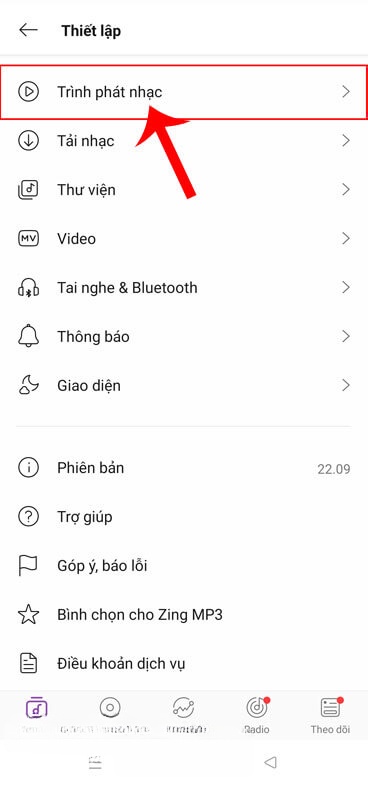 Nhấn vào mục Trình phát nhạc
