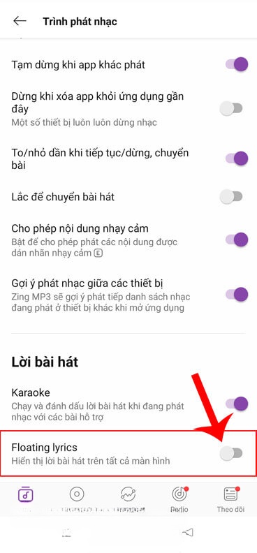 Bật công tắc tại mục Floating lyrics