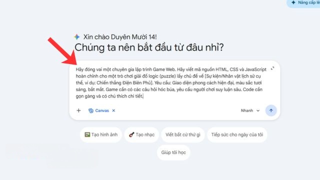 Nhập câu lệnh mô tả ý tưởng trò chơi
